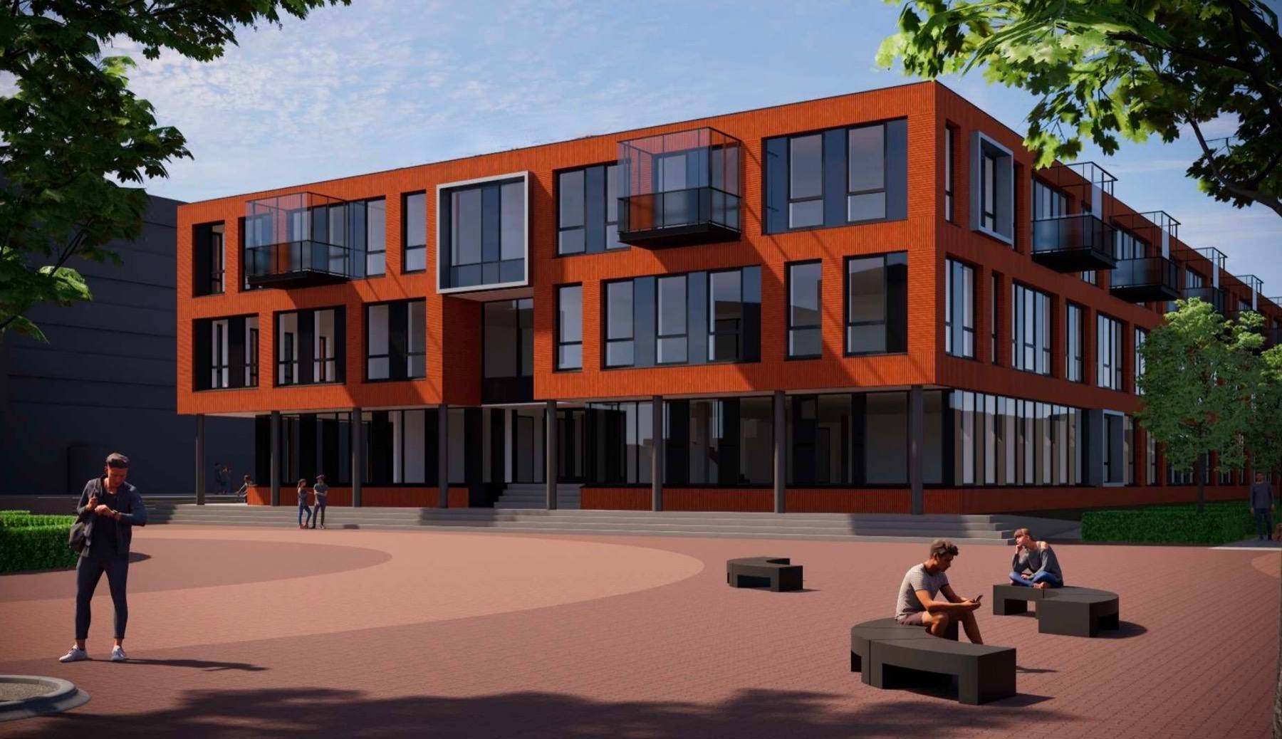 Een visualisatie van het schoolgebouw aan het Stationsplein-West in Almelo.