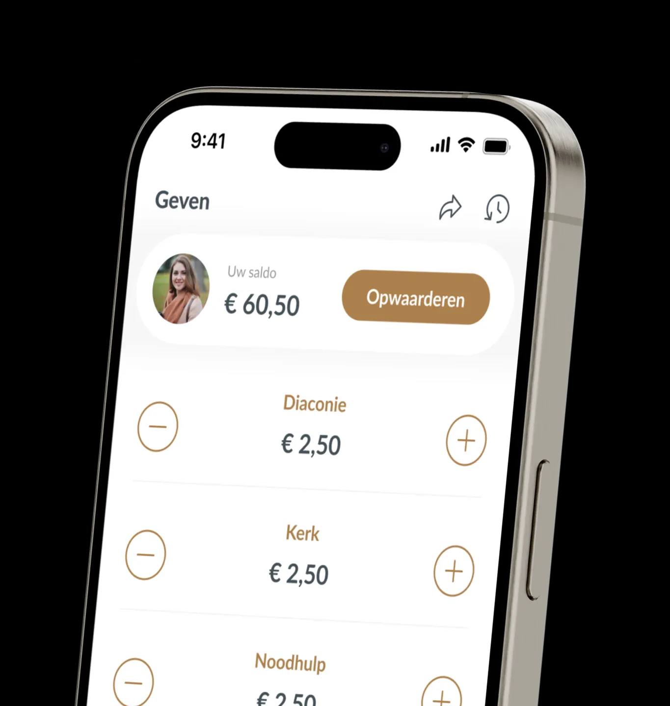 Het geefscherm van de Donkey Mobile-app, met bedragen voor de diaconie, de kerk en noodhulp.